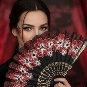 ✨NEW Elegant Black and Red Floral Hand Fan